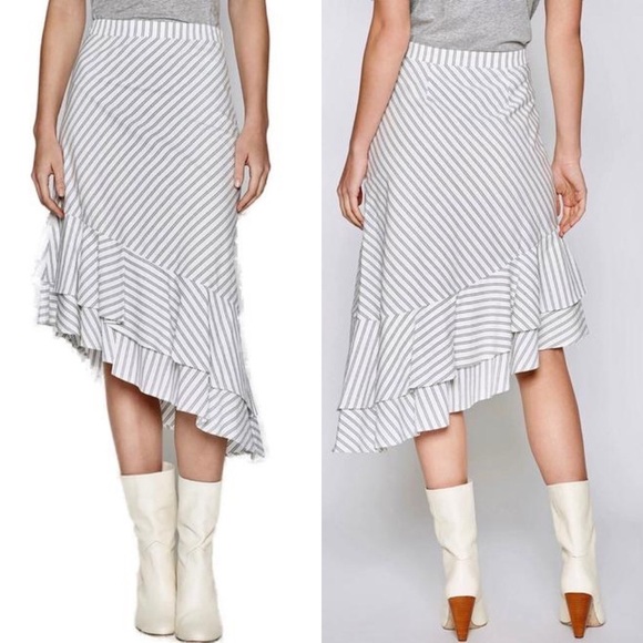 JOIE Yenene Striped Asymmetric-Hem Midi Skirt in Porcelain Cream Grey Size 2 - Picture 2 of 8
